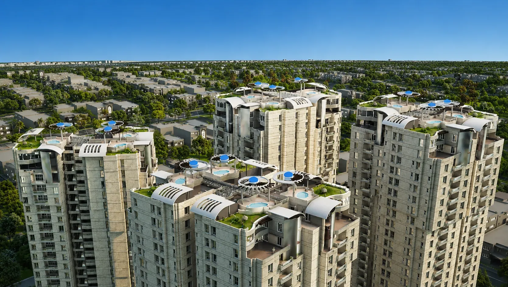 Lakhani Presidency from the air — the towers with planted roof decks, the district spread out behind them.