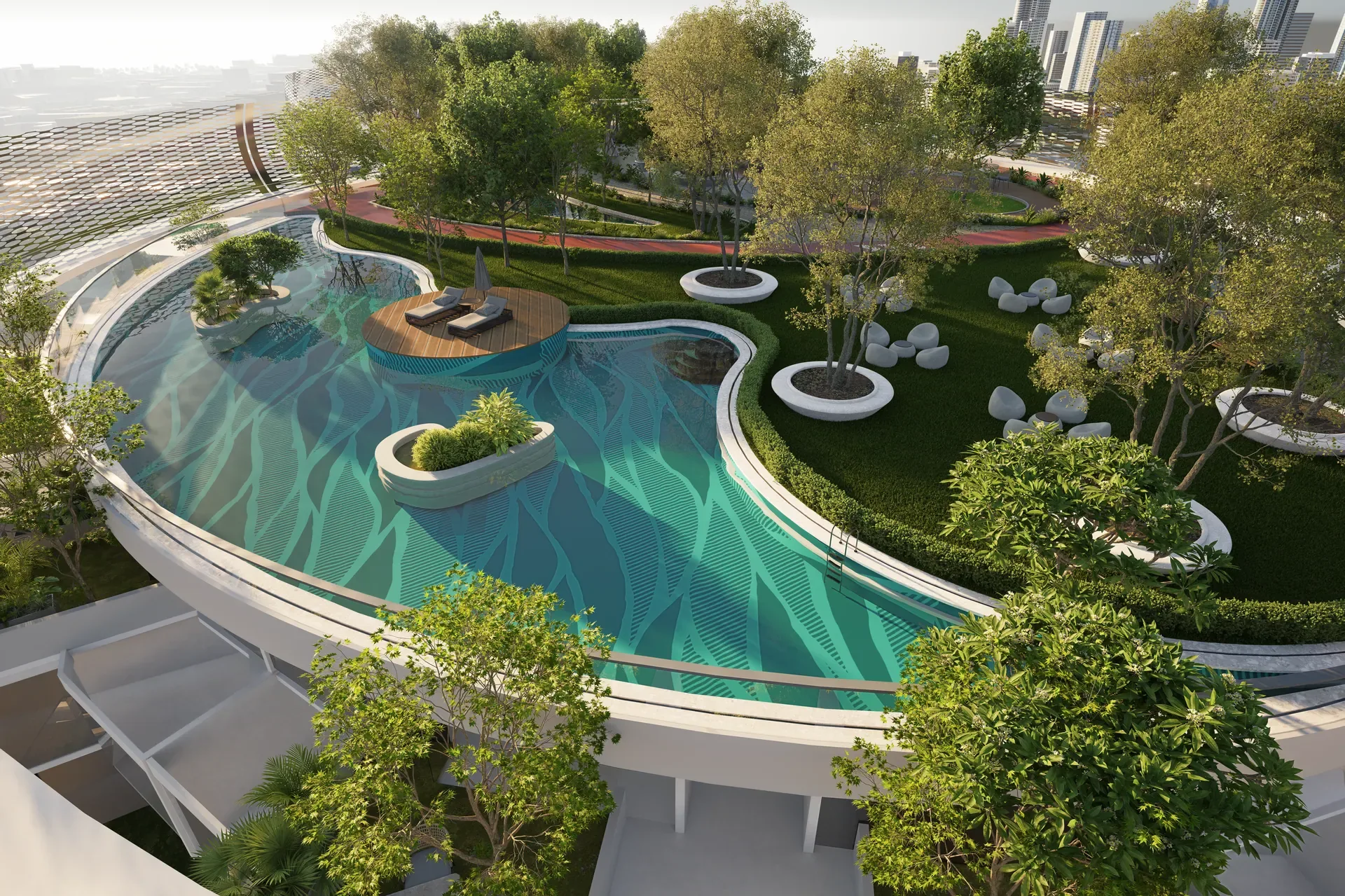 The rooftop deck at Sky Homes, its open water and planting under the sky.