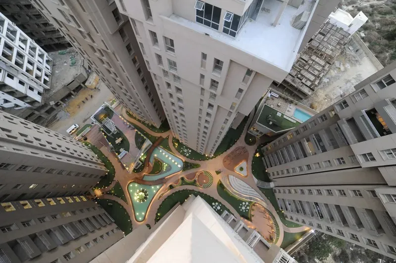 Lakhani residential towers seen from the courtyard below